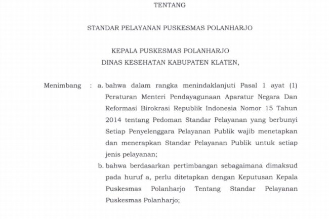 SK STANDAR PELAYANAN PUSKESMAS POLANHARJO